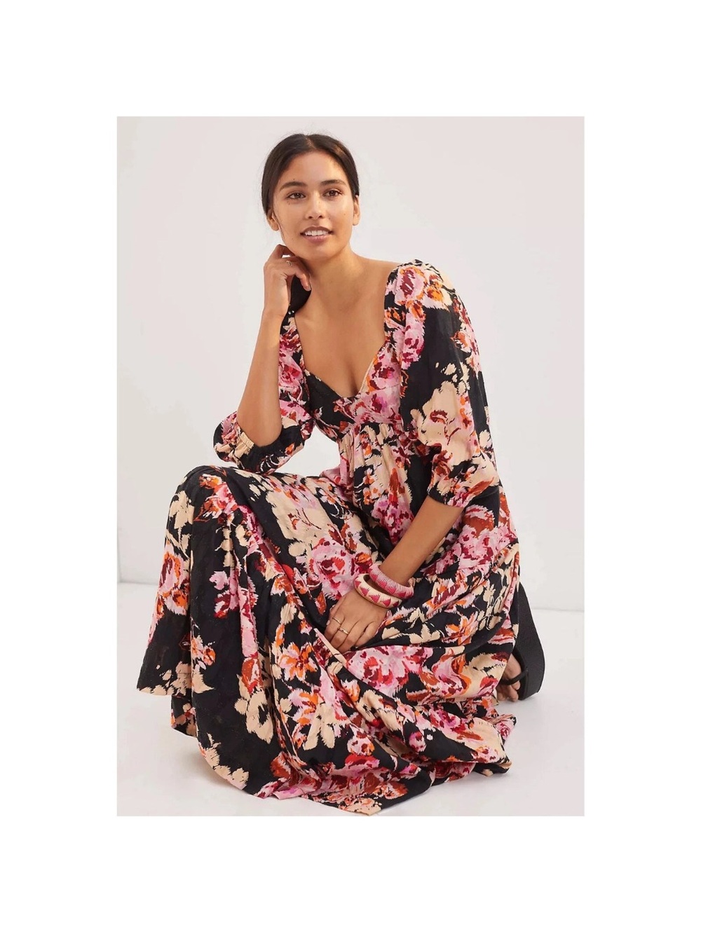 Anthropologie Somerset Floral Puff Sleeve Maxi Dress Black Pink Medium NWT - Picture 3 of 15